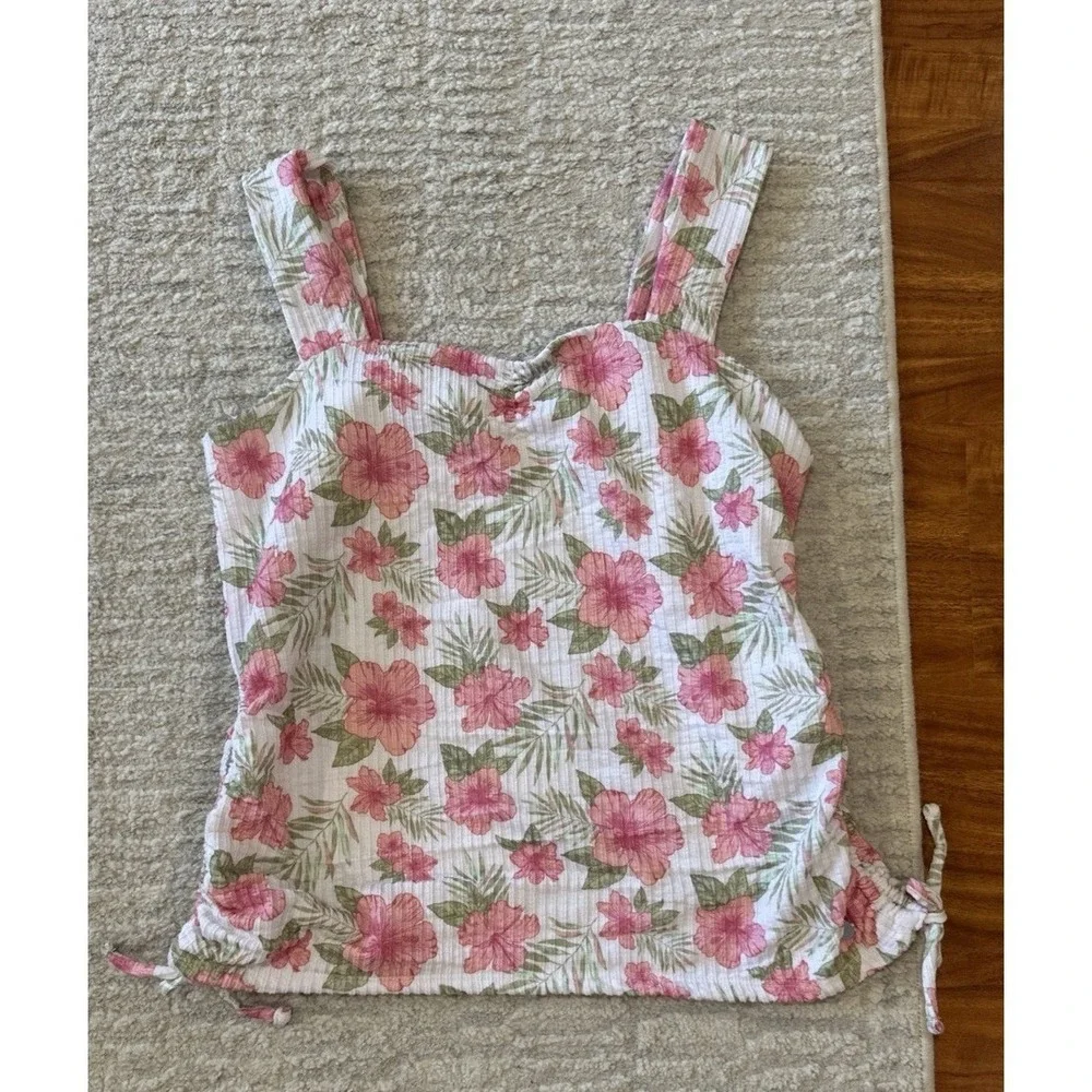 Justice‎ Floral Top Blouse Sweetheart Neck Thick Straps Pink Flowers Girls Sz XL